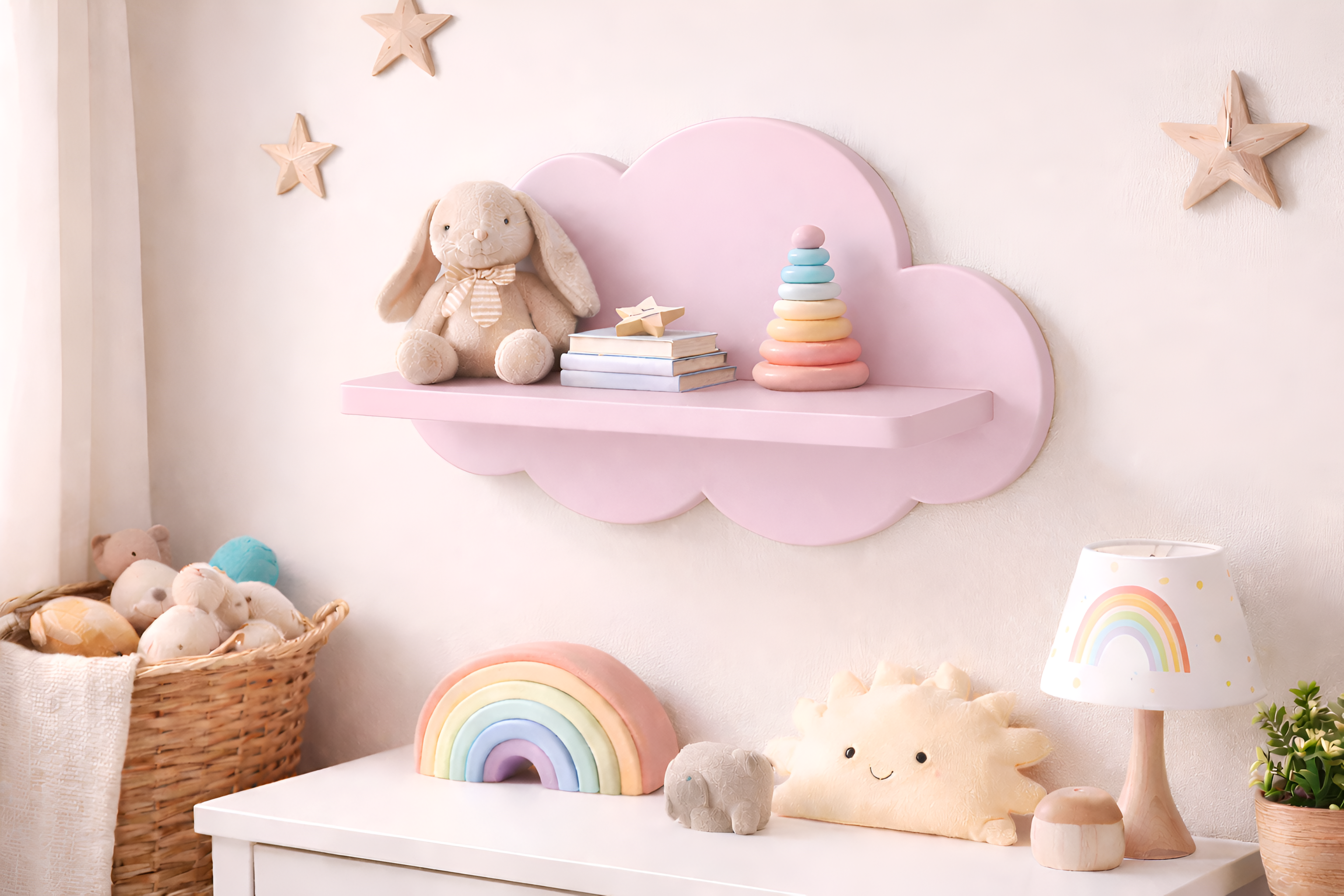 Repisa infantil de madera en forma de nube decorativa para habitación de bebé con juguetes y libros.