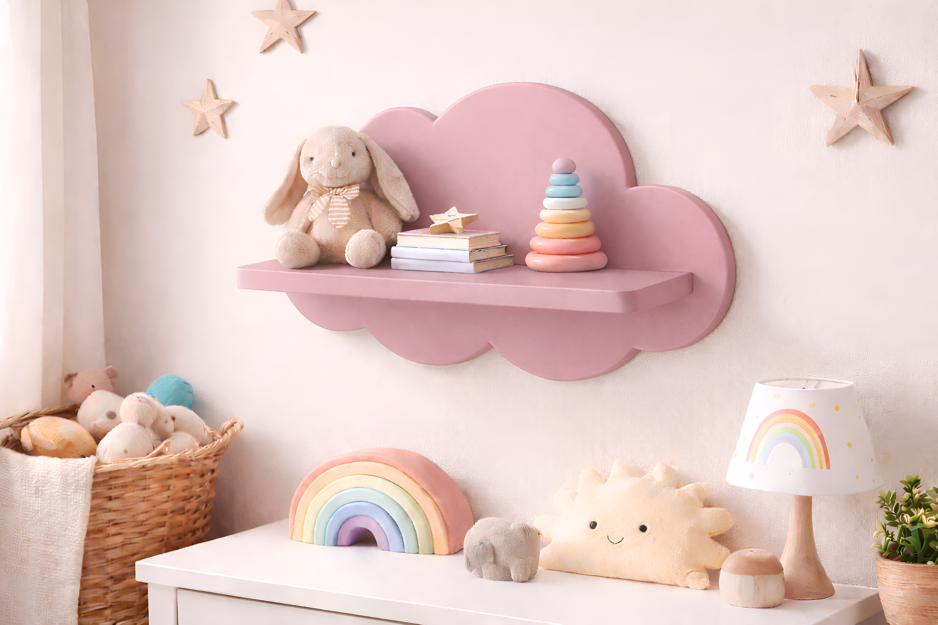 Repisa infantil de madera en forma de nube decorativa para habitación de bebé con juguetes y libros.