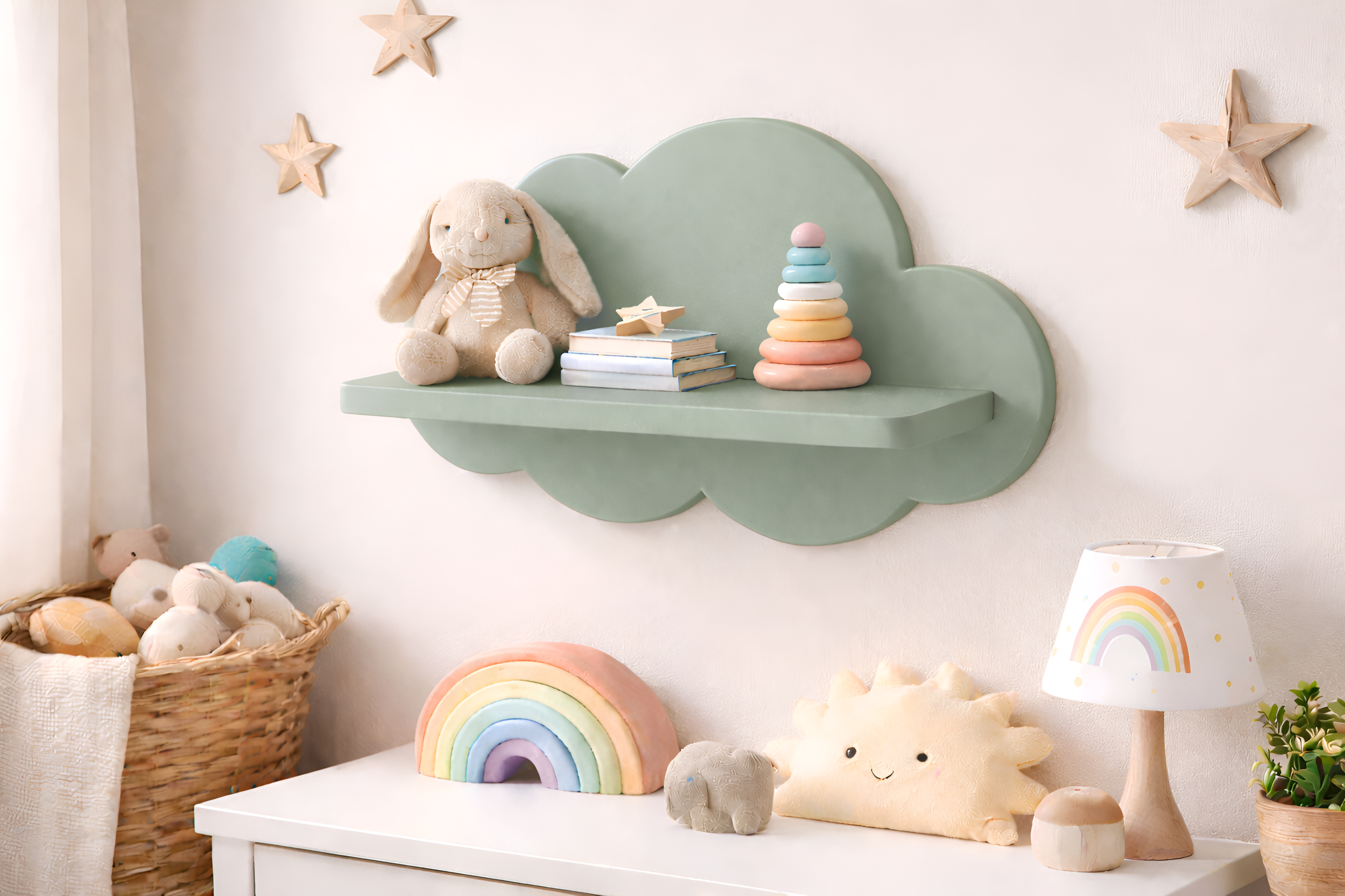 Repisa infantil de madera en forma de nube decorativa para habitación de bebé con juguetes y libros.