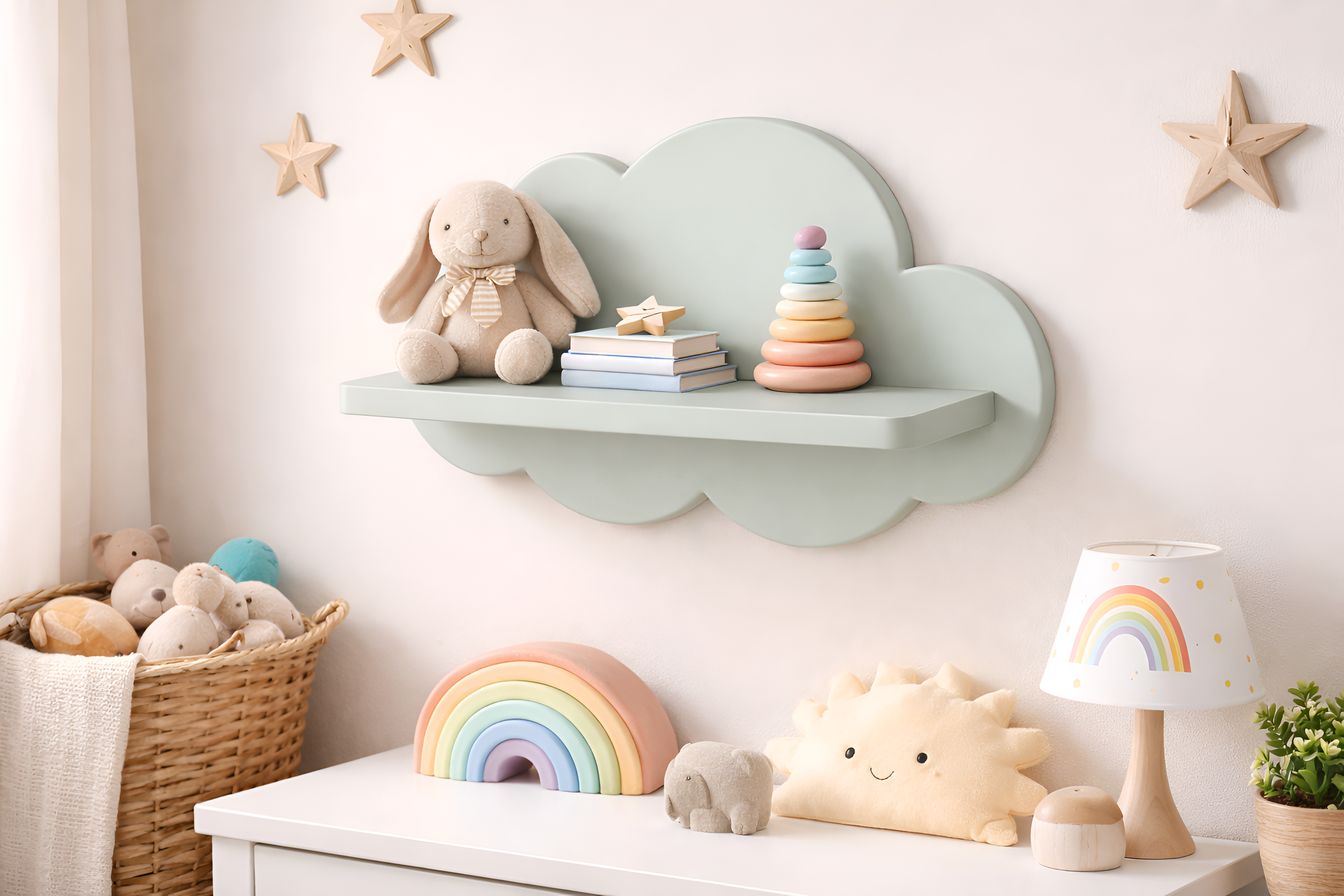 Repisa infantil de madera en forma de nube decorativa para habitación de bebé con juguetes y libros.