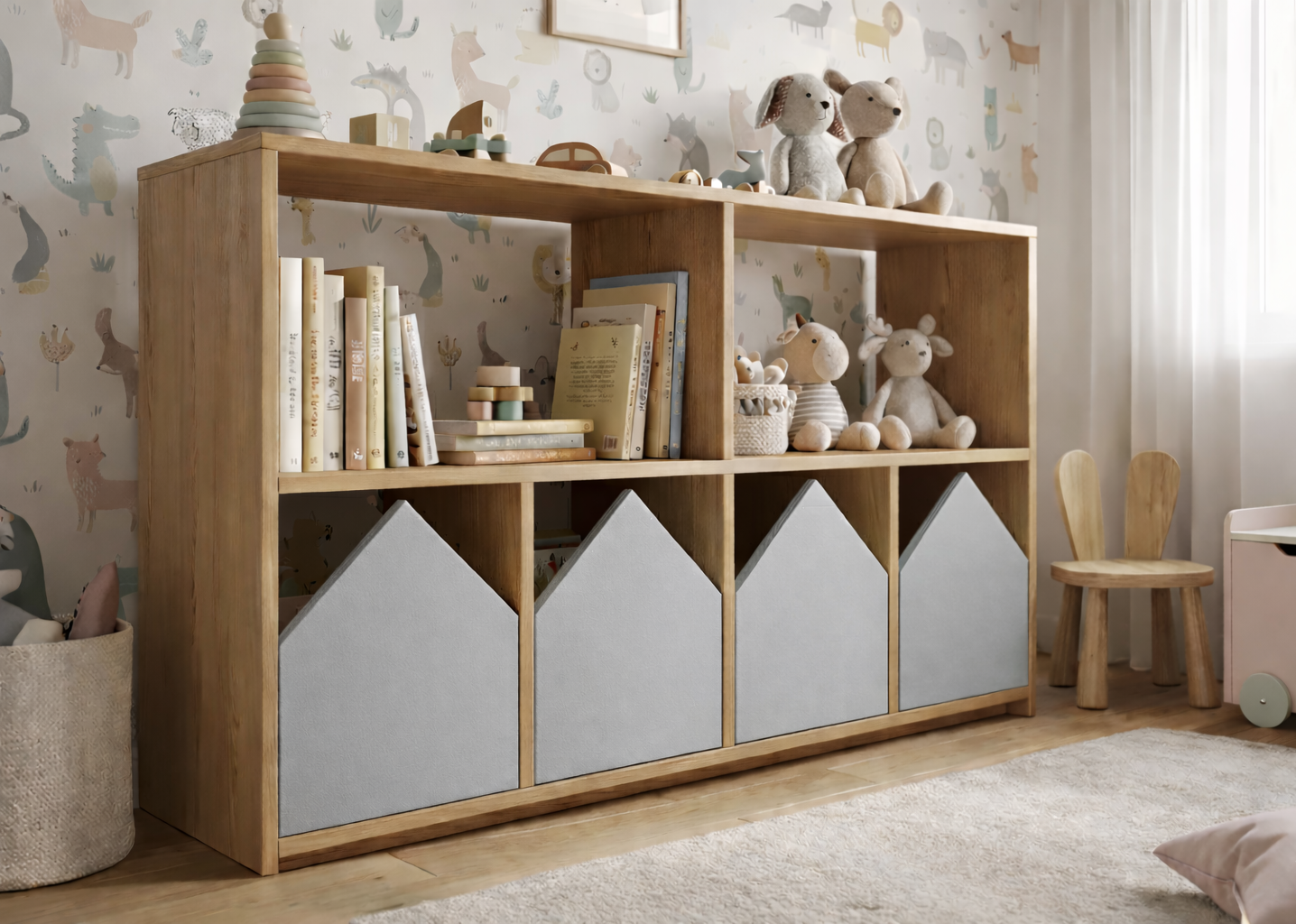 Organizador infantil KiddoPlay de madera natural con cajoneras en forma de casita en colores personalizables, ideal para habitación infantil cozy.