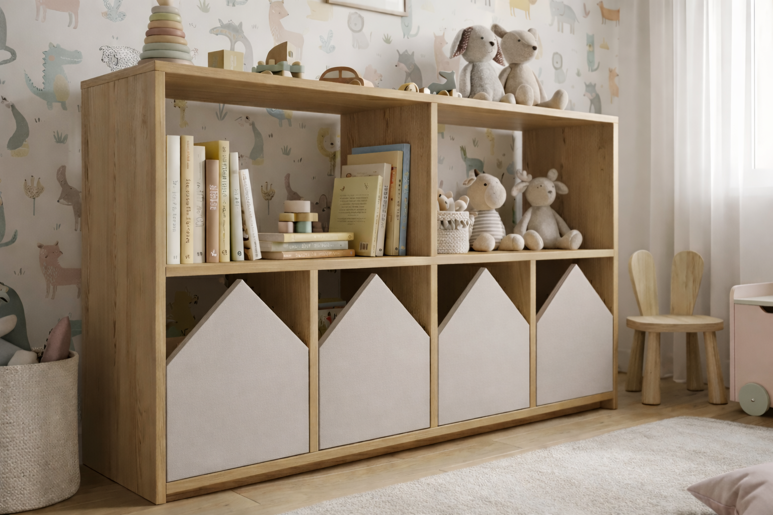 Organizador infantil KiddoPlay de madera natural con cajoneras en forma de casita en colores personalizables, ideal para habitación infantil cozy.