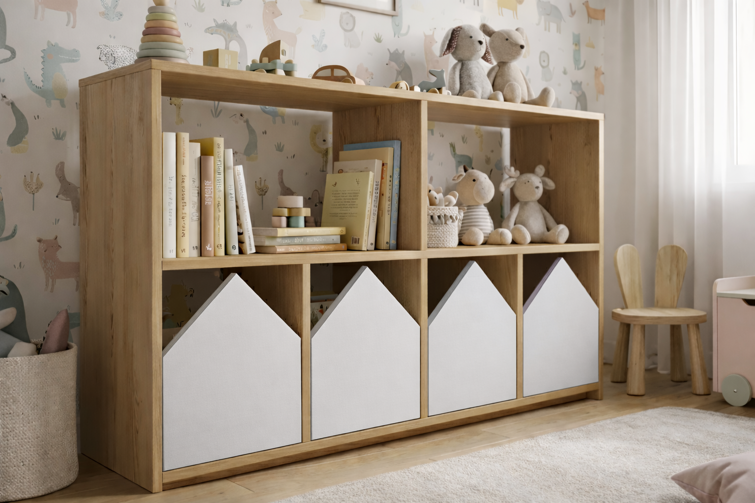 Organizador infantil KiddoPlay de madera natural con cajoneras en forma de casita en colores personalizables, ideal para habitación infantil cozy.