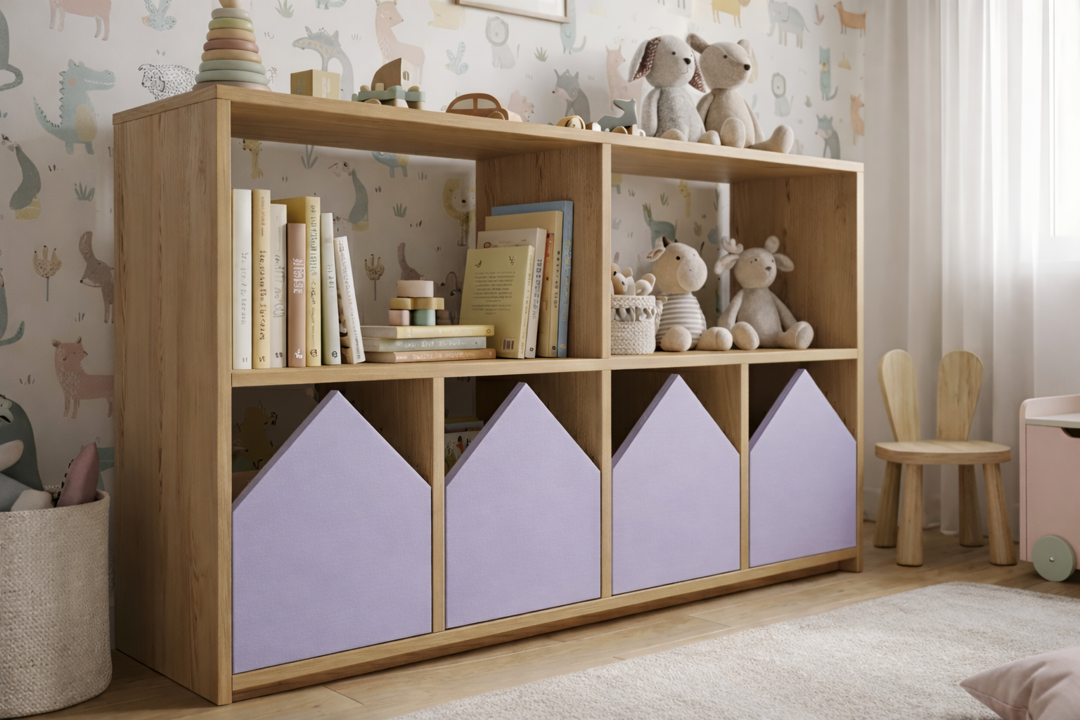 Organizador infantil KiddoPlay de madera natural con cajoneras en forma de casita en colores personalizables, ideal para habitación infantil cozy.