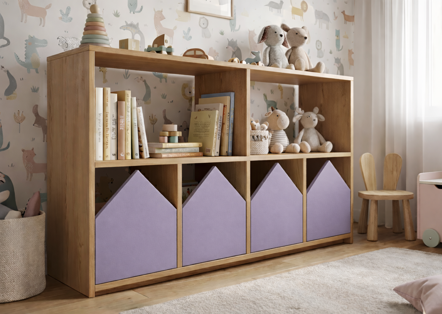 Organizador infantil KiddoPlay de madera natural con cajoneras en forma de casita en colores personalizables, ideal para habitación infantil cozy.