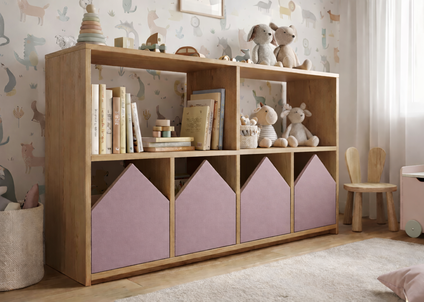 Organizador infantil KiddoPlay de madera natural con cajoneras en forma de casita en colores personalizables, ideal para habitación infantil cozy.