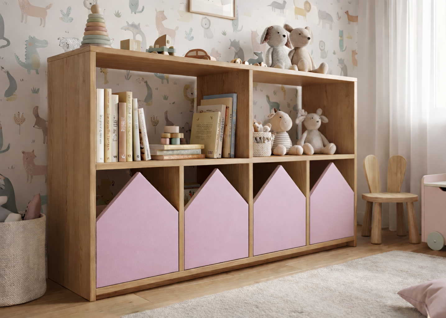 Organizador infantil KiddoPlay de madera natural con cajoneras en forma de casita en colores personalizables, ideal para habitación infantil cozy.