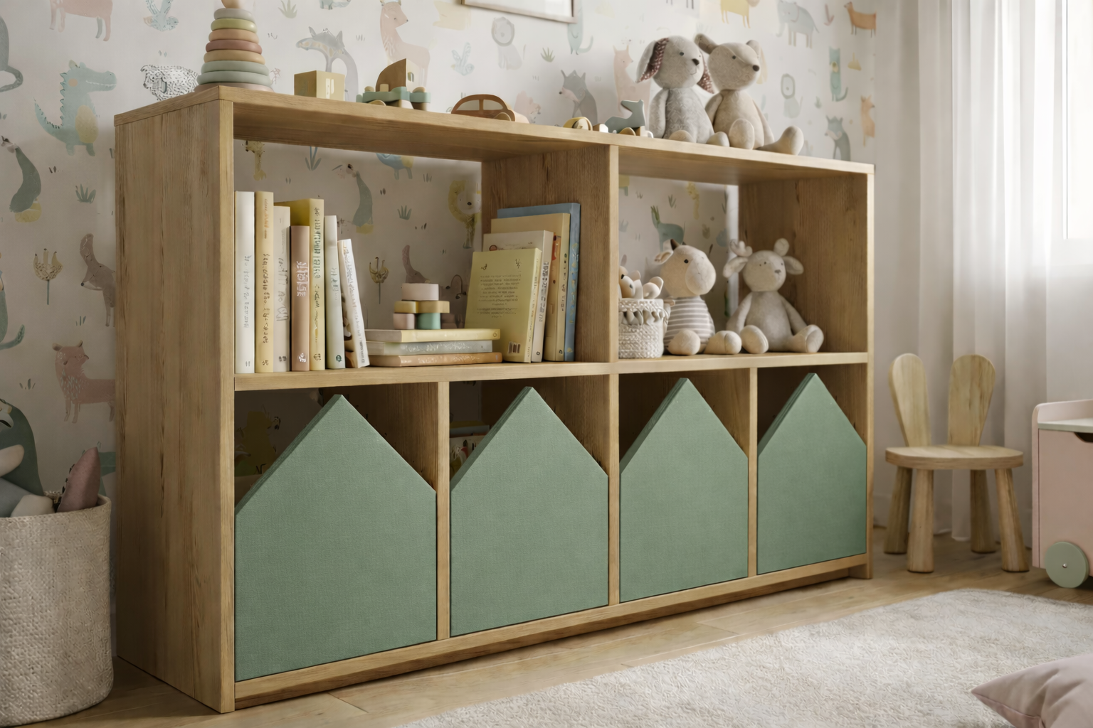 Organizador infantil KiddoPlay de madera natural con cajoneras en forma de casita en colores personalizables, ideal para habitación infantil cozy.