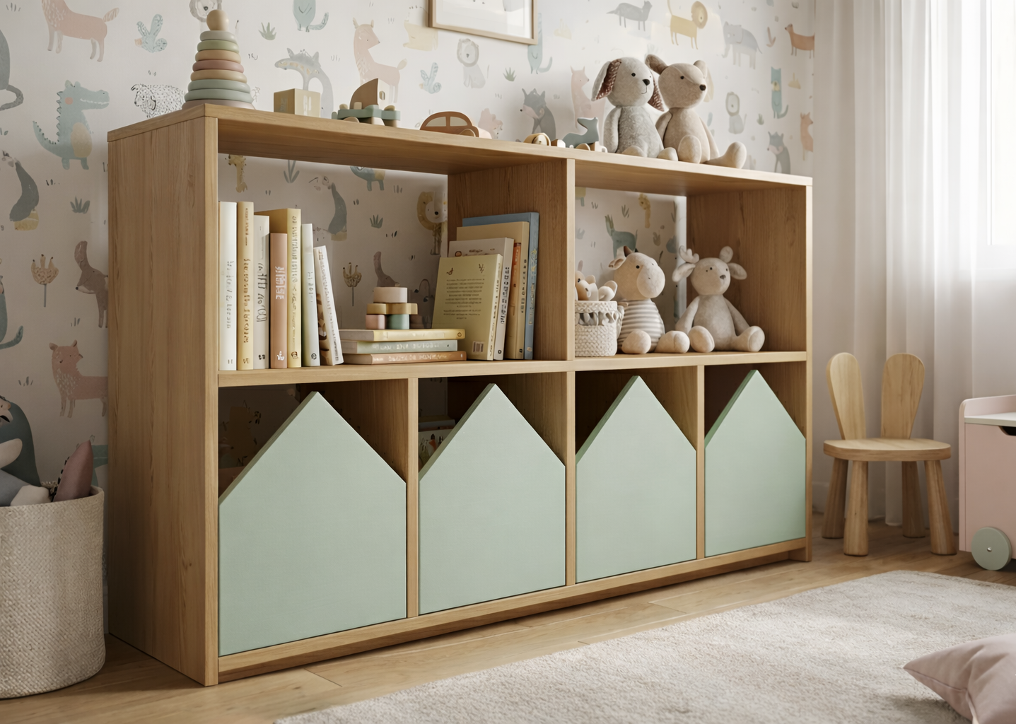 Organizador infantil KiddoPlay de madera natural con cajoneras en forma de casita en colores personalizables, ideal para habitación infantil cozy.
