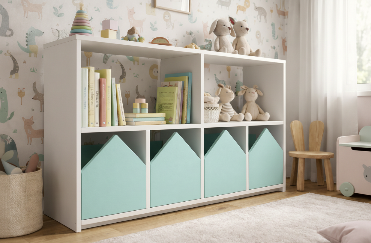 Organizador infantil KiddoPlay de madera natural con cajoneras en forma de casita en colores personalizables, ideal para habitación infantil cozy.
