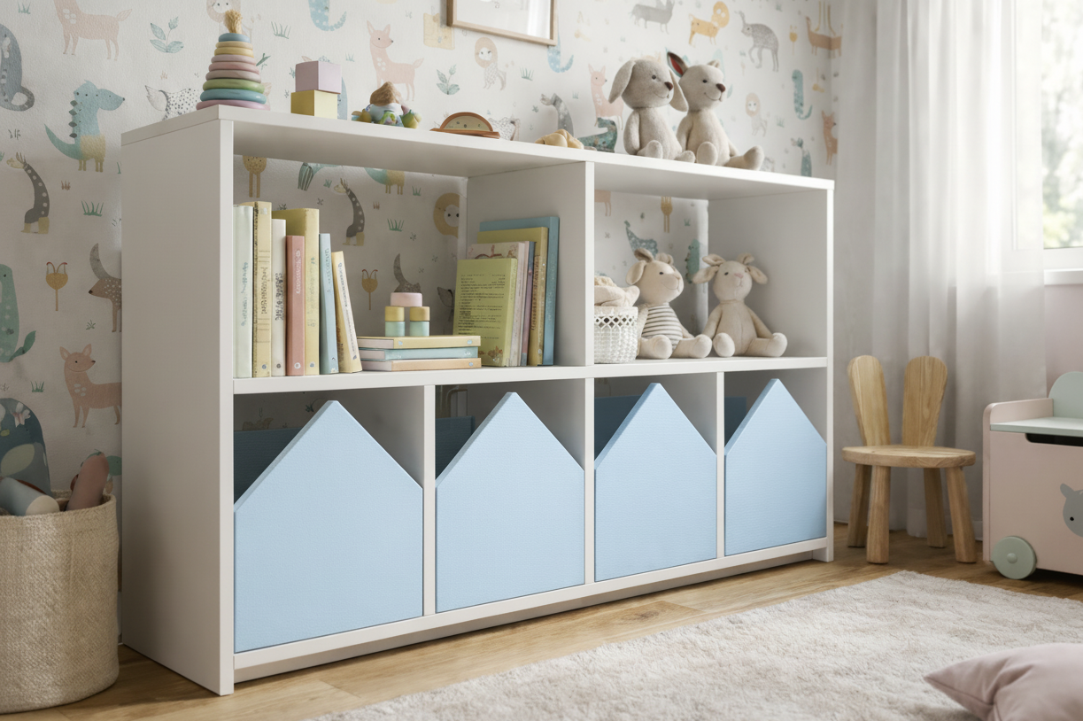 Organizador infantil KiddoPlay de madera natural con cajoneras en forma de casita en colores personalizables, ideal para habitación infantil cozy.