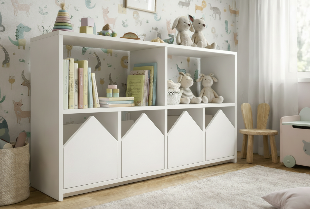 Organizador infantil KiddoPlay de madera natural con cajoneras en forma de casita en colores personalizables, ideal para habitación infantil cozy.