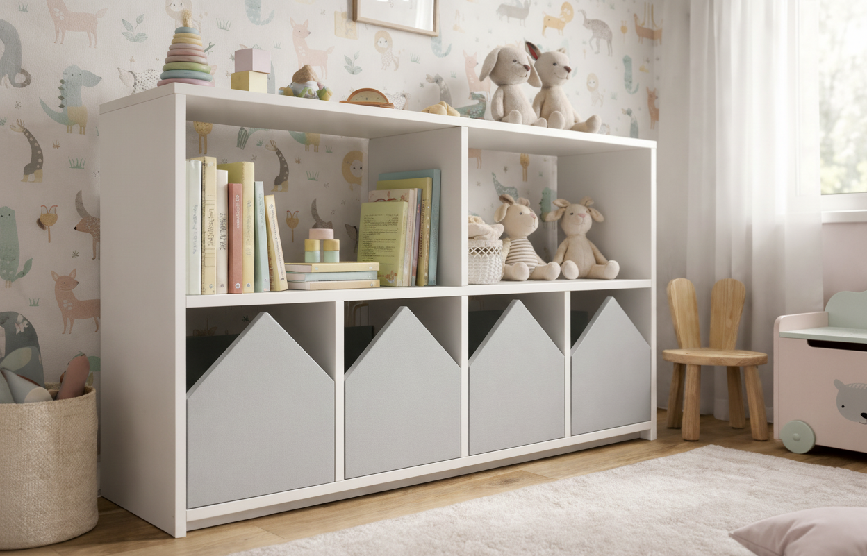 Organizador infantil KiddoPlay de madera natural con cajoneras en forma de casita en colores personalizables, ideal para habitación infantil cozy.