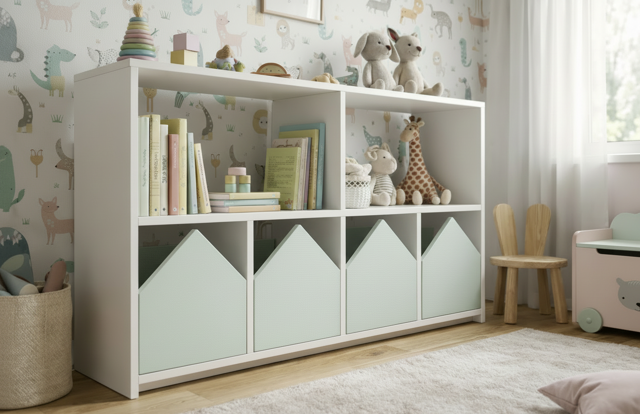 Organizador infantil KiddoPlay de madera natural con cajoneras en forma de casita en colores personalizables, ideal para habitación infantil cozy.