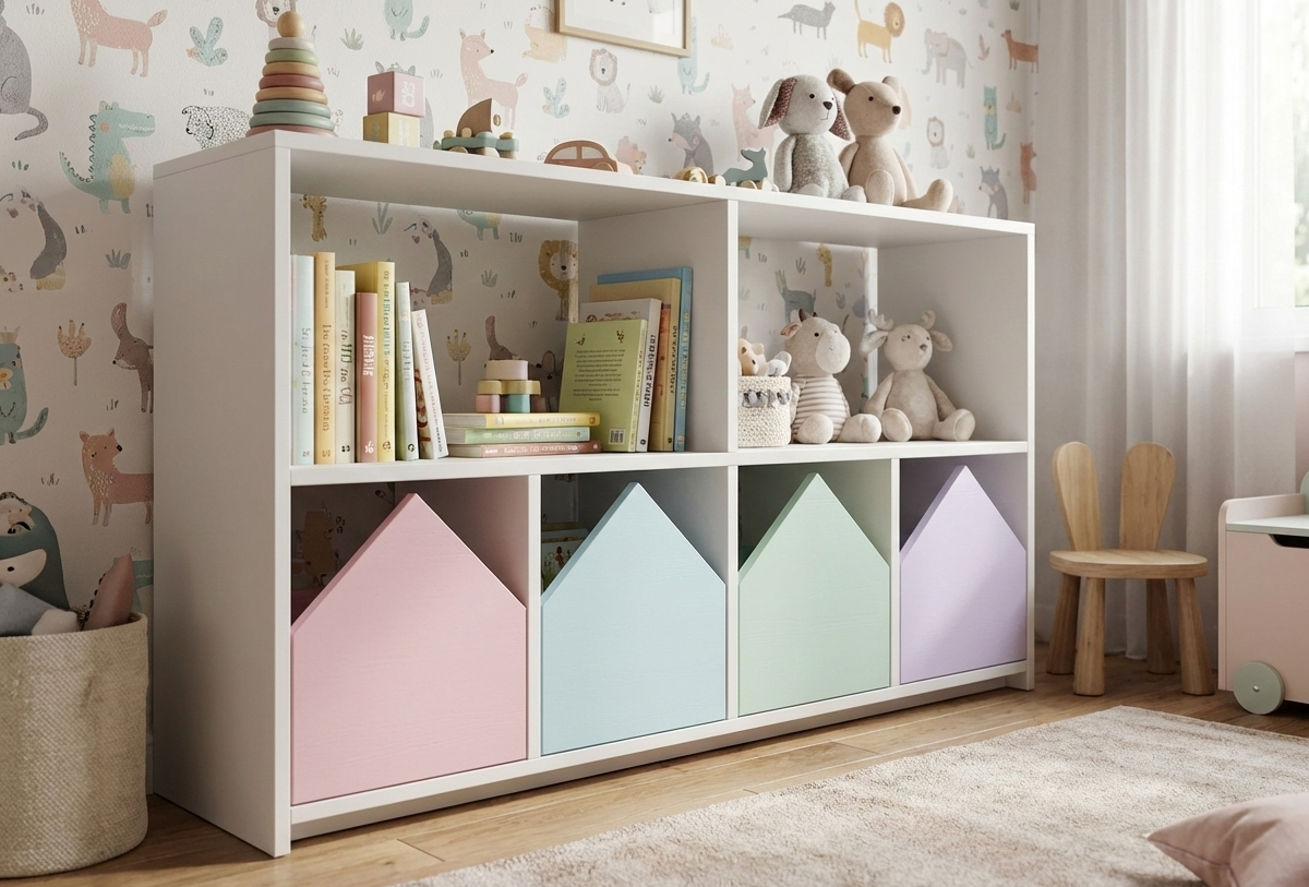 Organizador infantil KiddoPlay de madera natural con cajoneras en forma de casita en colores personalizables (pastel), ideal para habitación infantil cozy.