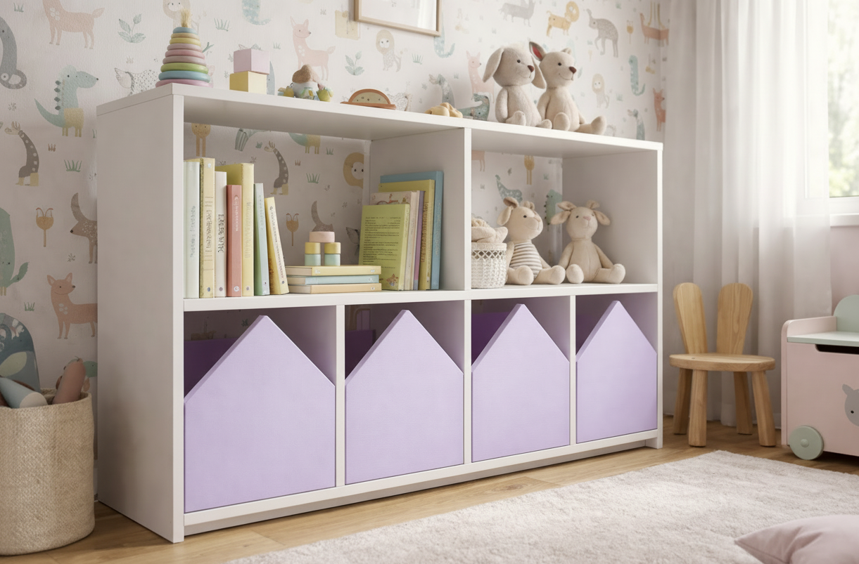 Organizador infantil KiddoPlay de madera natural con cajoneras en forma de casita en colores personalizables, ideal para habitación infantil cozy.