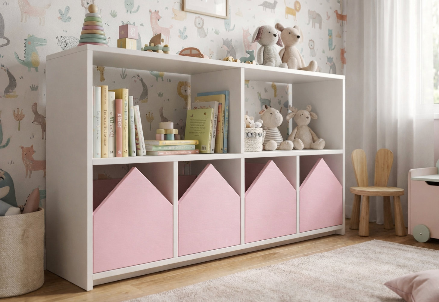 Organizador infantil KiddoPlay de madera natural con cajoneras en forma de casita en colores personalizables, ideal para habitación infantil cozy.