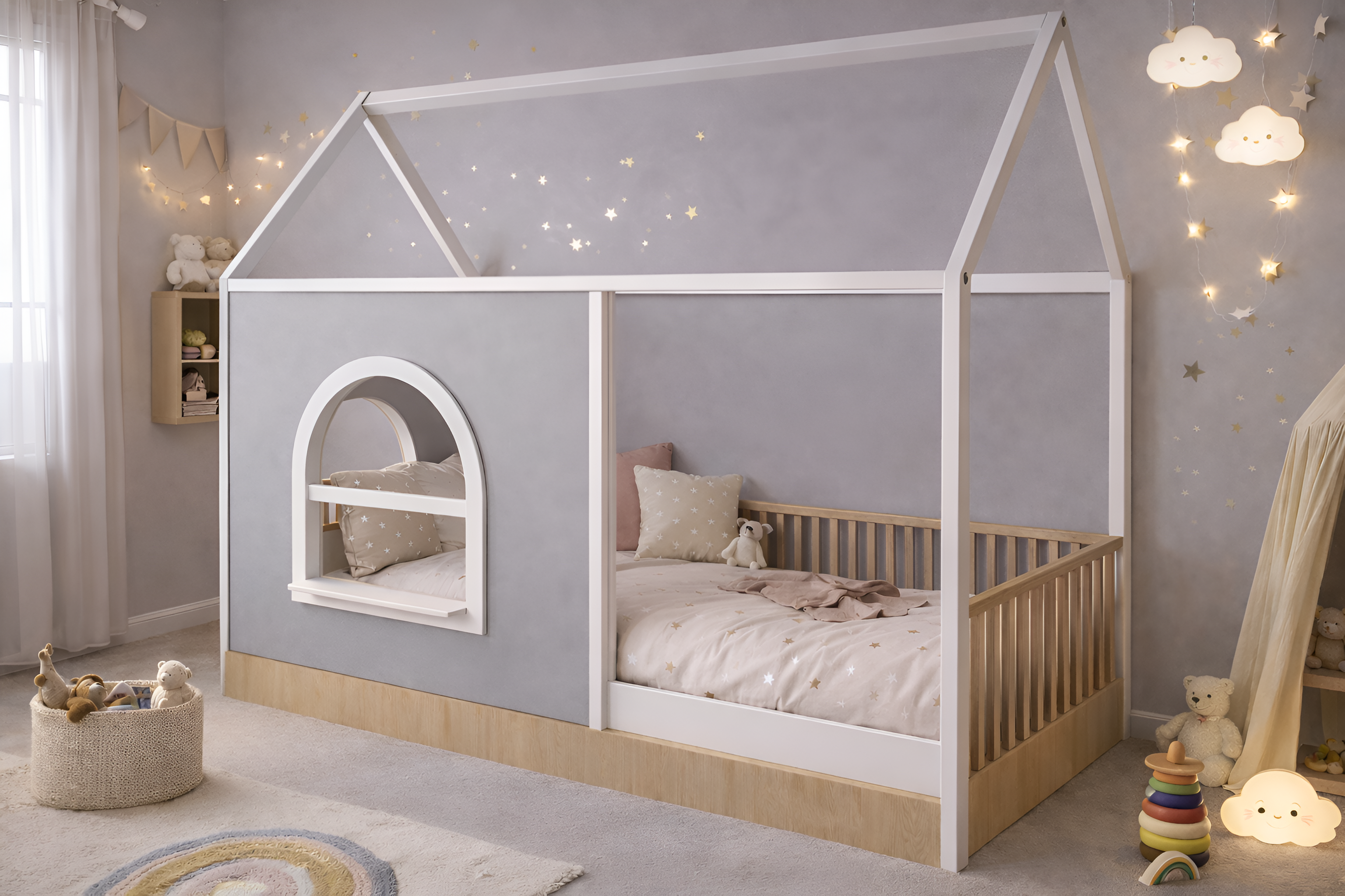 Cama de madera para niños estilo Montessori con barandales y estructura tipo casa blanca, panel decorativo personalizable.