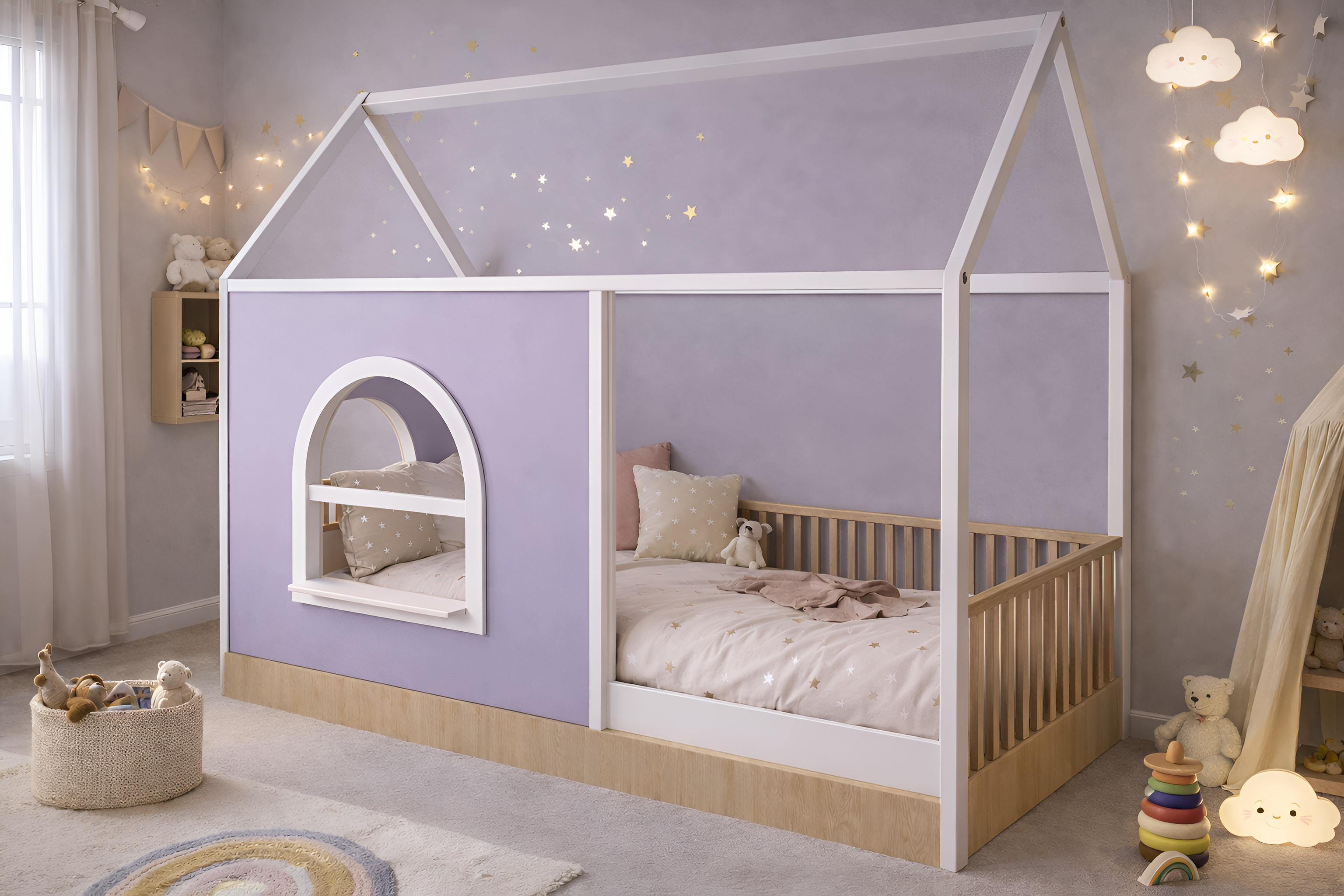 Cama de madera para niños estilo Montessori con barandales y estructura tipo casa blanca, panel decorativo personalizable.