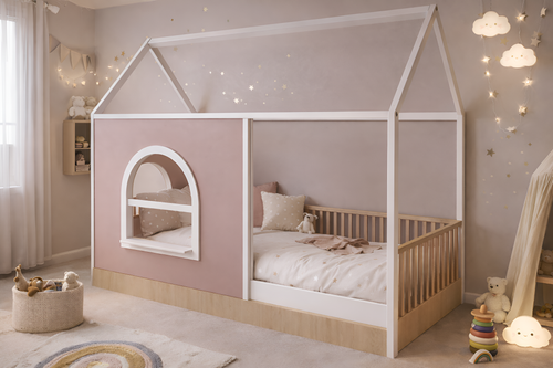 Cama de madera para niños estilo Montessori con barandales y estructura tipo casa blanca, panel decorativo personalizable.