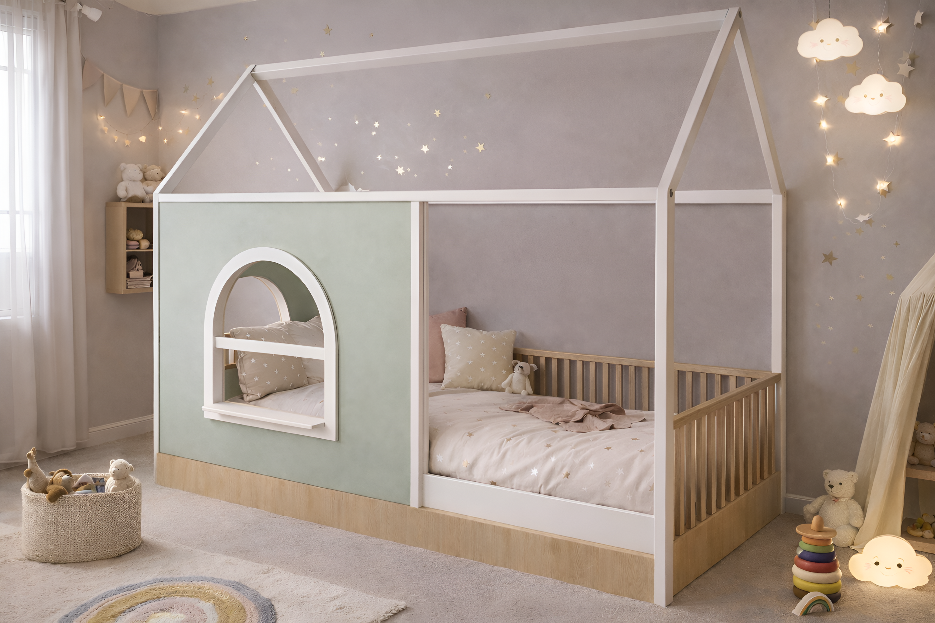 Cama de madera para niños estilo Montessori con barandales y estructura tipo casa blanca, panel decorativo personalizable.