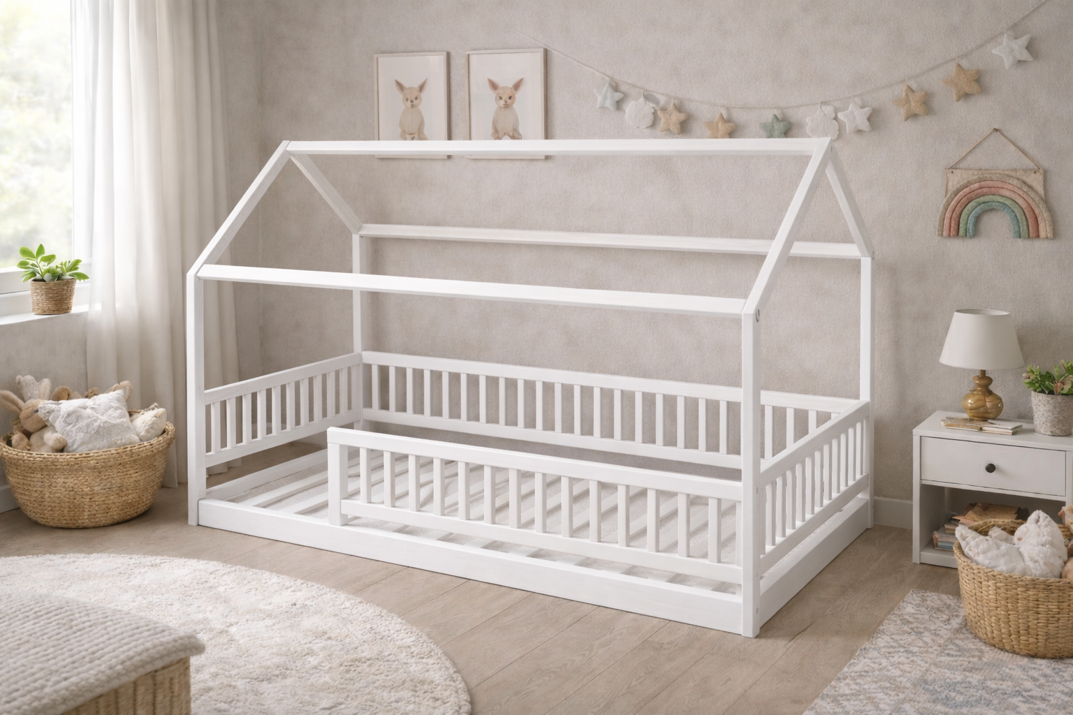 Cama infantil de madera estilo Montessori con barandales y estructura blanca tipo casa.