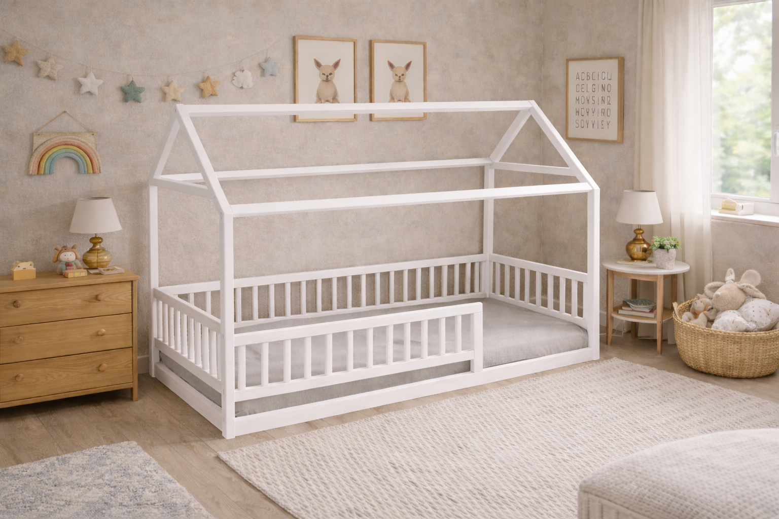 Cama infantil de madera estilo Montessori con barandales y estructura blanca tipo casa.