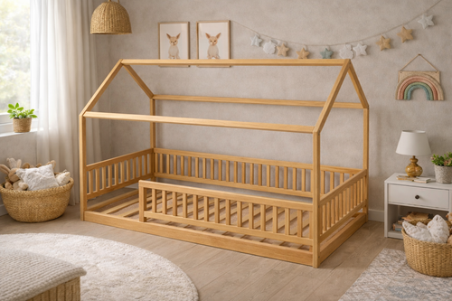 Cama infantil de madera estilo Montessori con barandales y estructura blanca tipo casa.