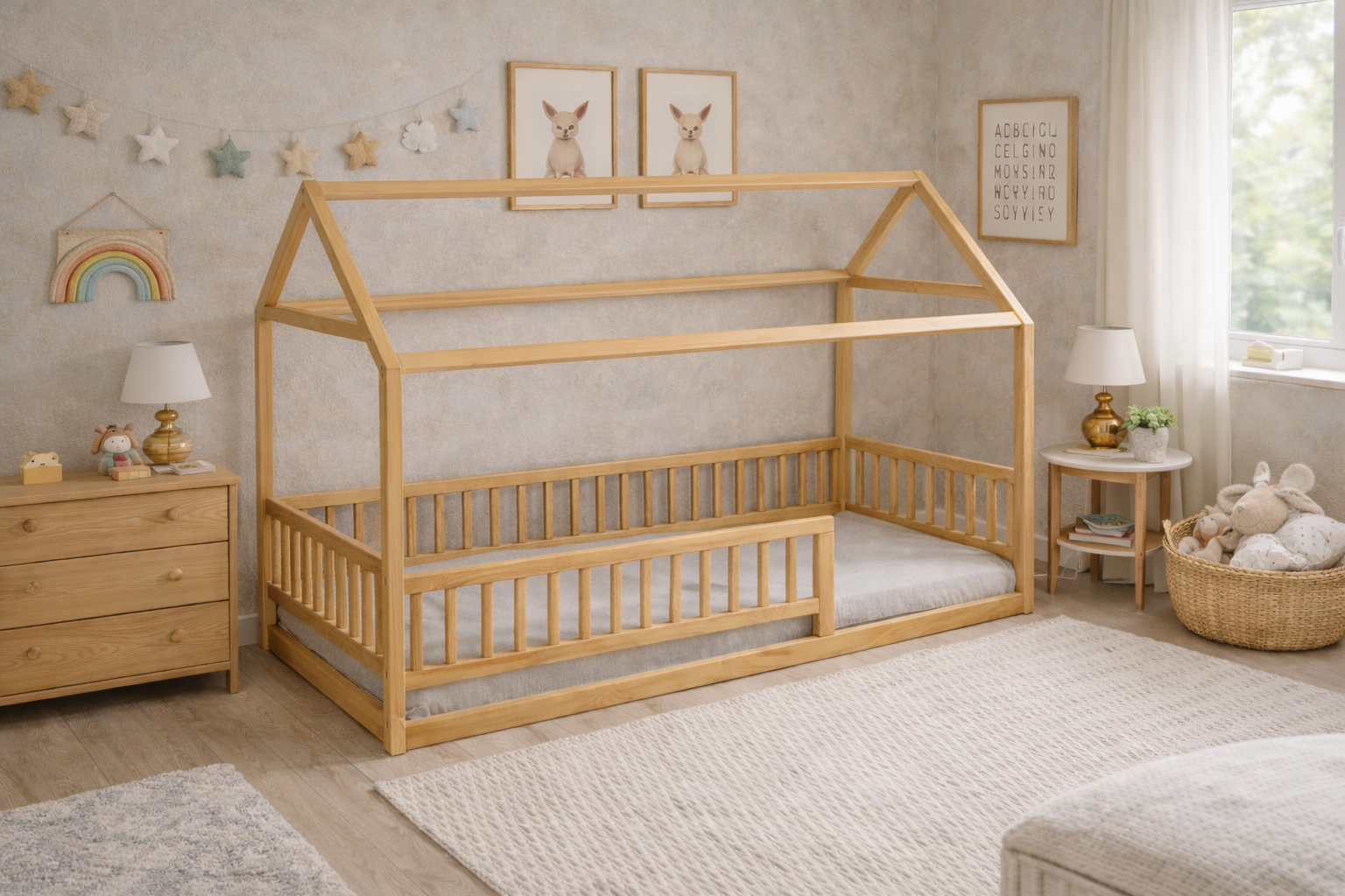 Cama infantil de madera estilo Montessori con barandales y estructura blanca tipo casa.