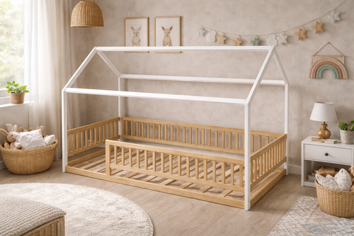 Cama infantil de madera estilo Montessori con barandales y estructura blanca tipo casa 