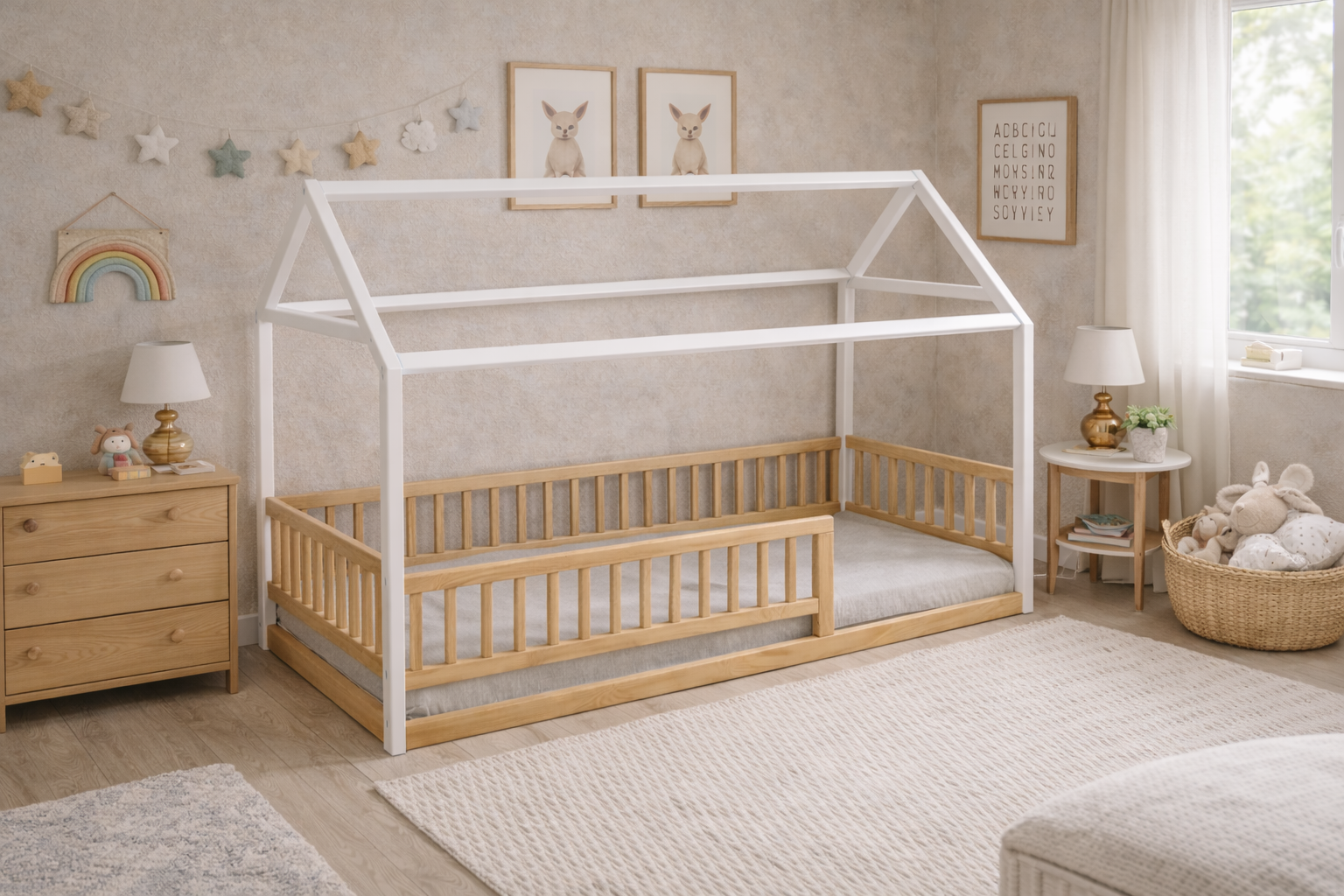 Cama infantil de madera estilo Montessori con barandales y estructura blanca tipo casa.
