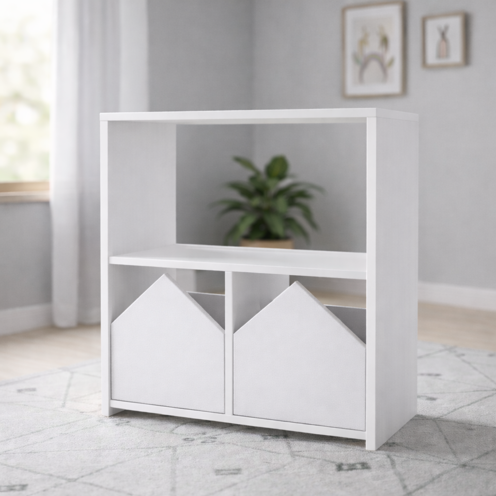 Estantería infantil de madera con compartimentos y puertas decorativas personalizables estilo Montessori