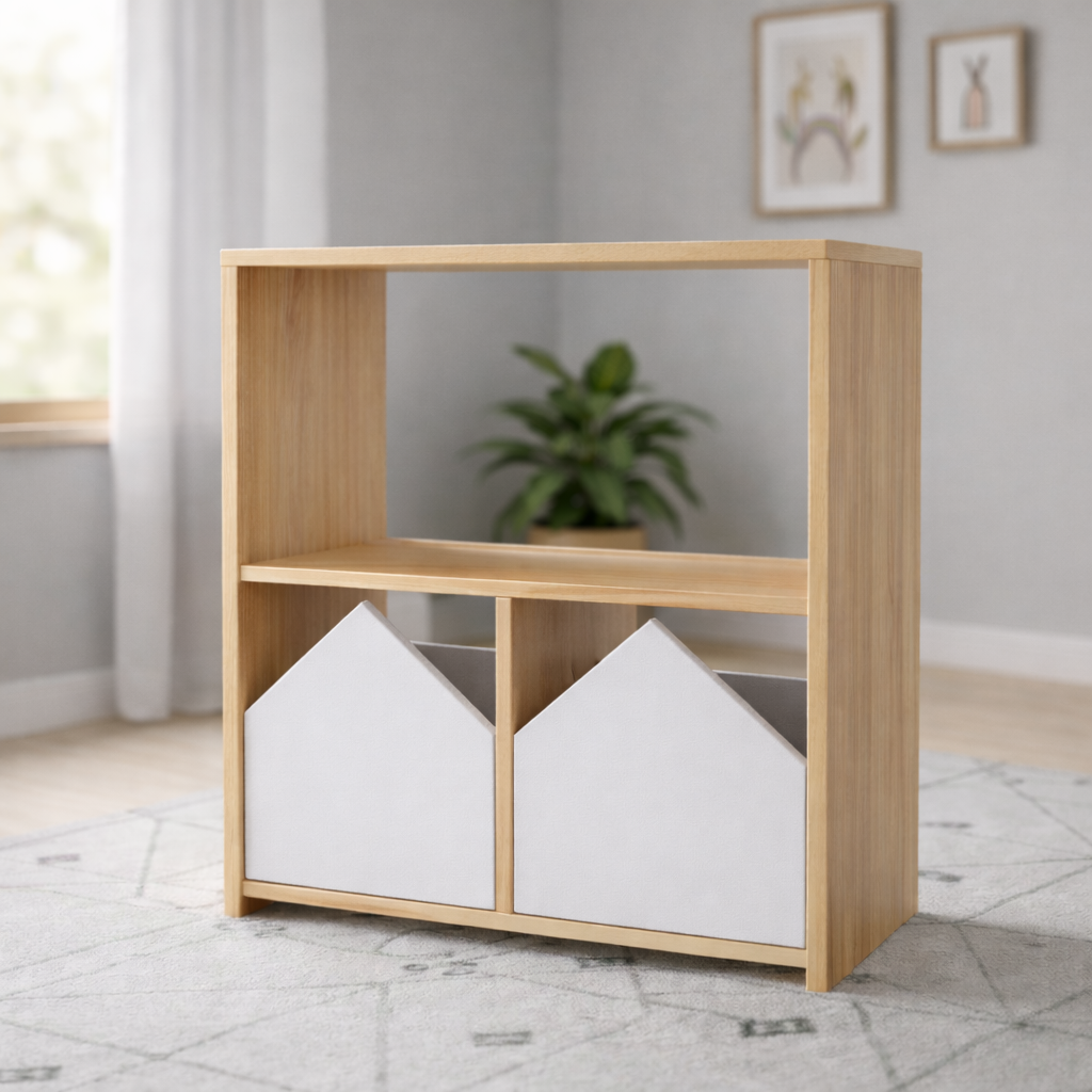 Estantería infantil de madera con compartimentos y puertas decorativas personalizables estilo Montessori