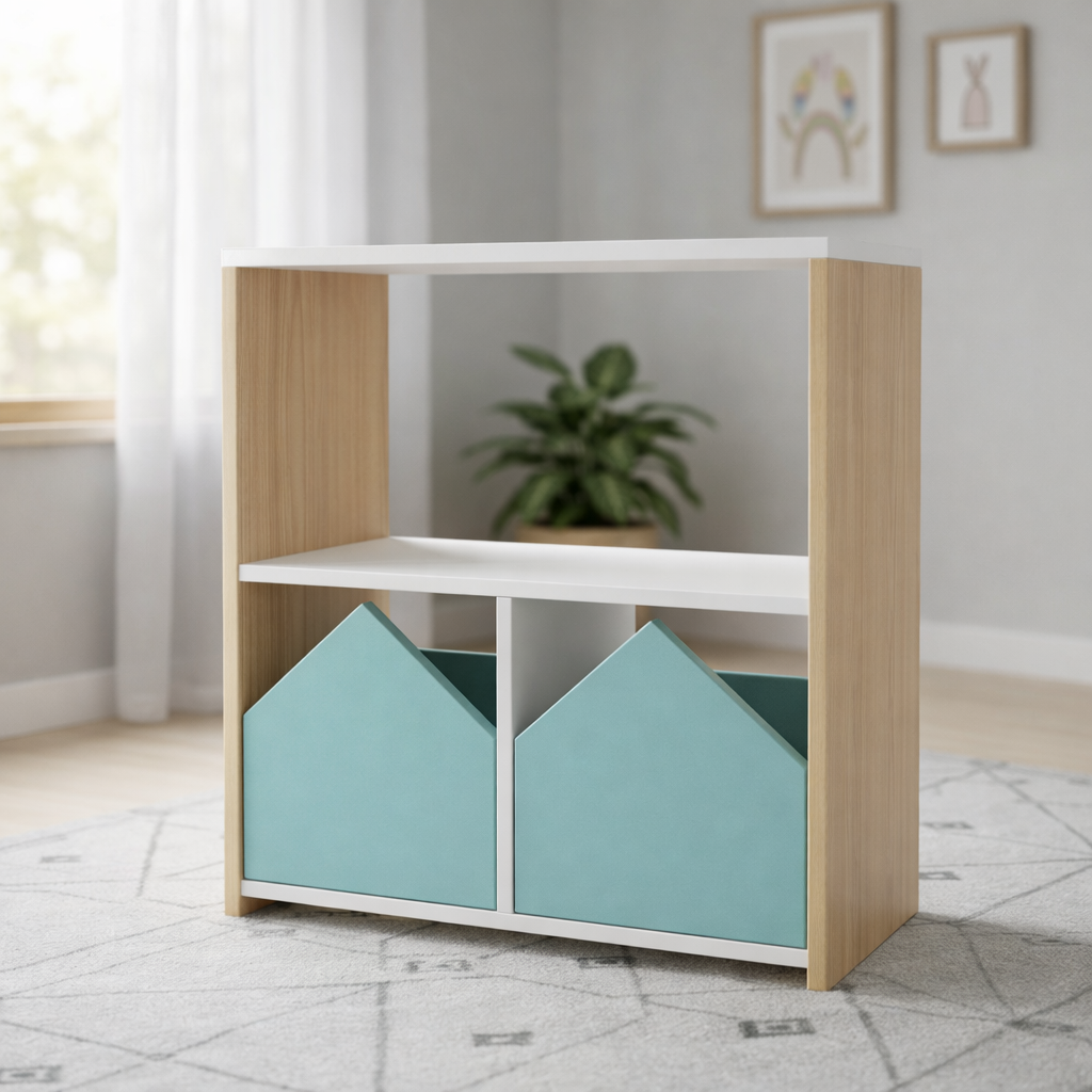 Mueble de almacenamiento para niños en madera natural con diseño de casitas color personalizado