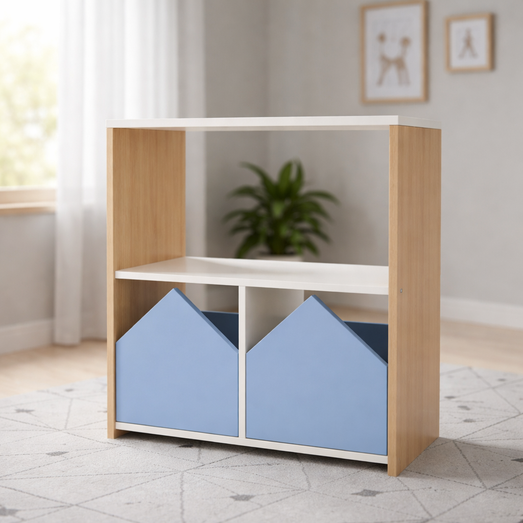Mueble de almacenamiento para niños en madera natural con diseño de casitas color personalizado