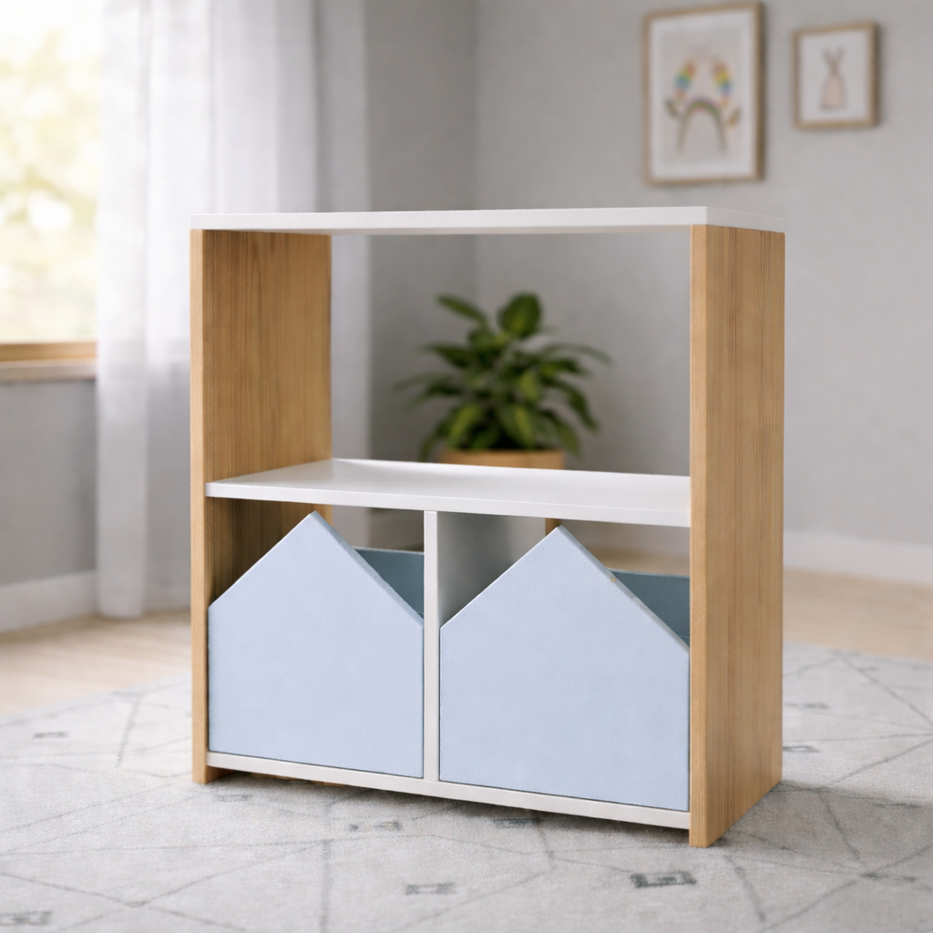 Mueble organizador infantil de madera con repisas blancas y puertas en forma de casita personalizable, ideal para habitación infantil moderna.