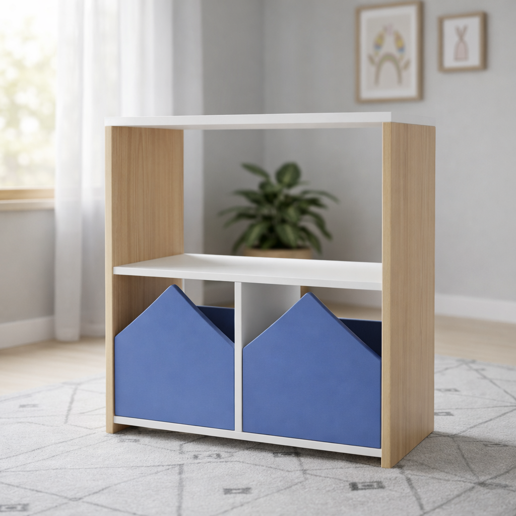 Mueble de almacenamiento para niños en madera natural con diseño de casitas color personalizado