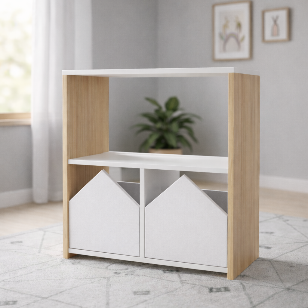 Mueble organizador infantil de madera con repisas blancas y puertas en forma de casita personalizable, ideal para habitación infantil moderna.