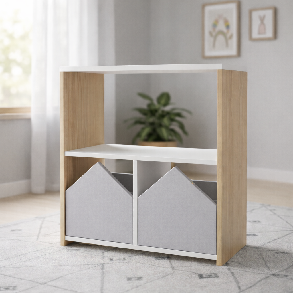 Mueble organizador infantil de madera con repisas blancas y puertas en forma de casita personalizable, ideal para habitación infantil moderna.