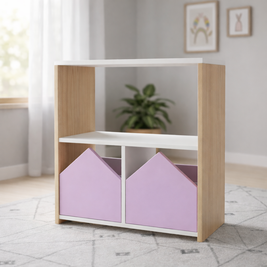 Mueble organizador infantil de madera con repisas blancas y puertas en forma de casita personalizable, ideal para habitación infantil moderna.