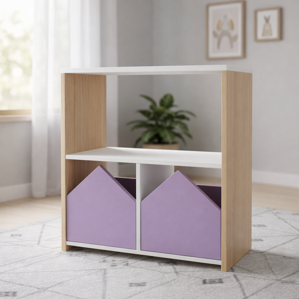 Mueble de almacenamiento para niños en madera natural con diseño de casitas color personalizado