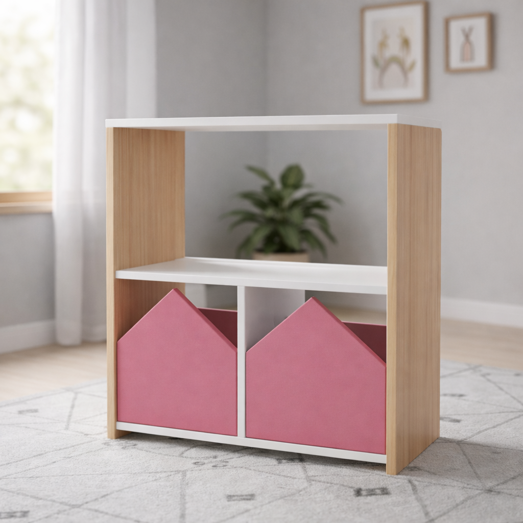 Estantería infantil de madera con compartimentos y puertas decorativas personalizables estilo Montessori