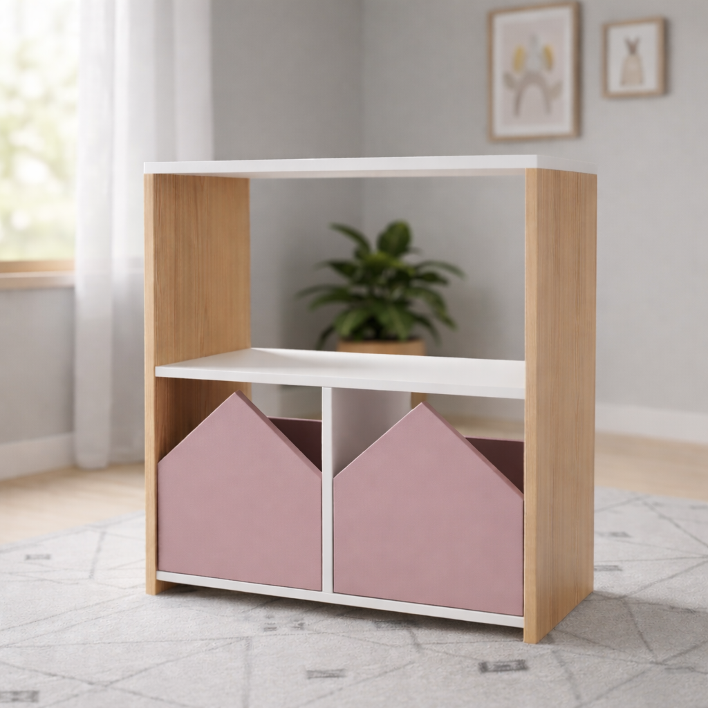 Mueble de almacenamiento para niños en madera natural con diseño de casitas color personalizado