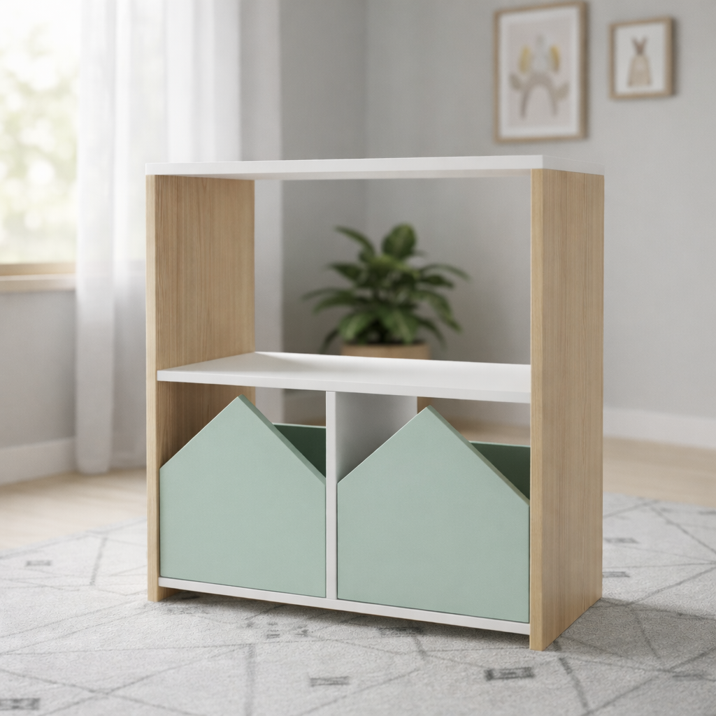 Mueble organizador infantil de madera con repisas blancas y puertas en forma de casita personalizable, ideal para habitación infantil moderna.