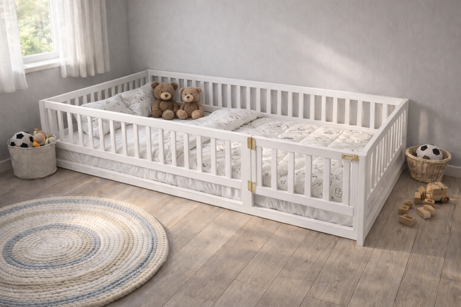 Cama Montessori infantil de madera con barandal perimetral tipo nido en acabado natural, diseñada para niños pequeños en habitación estilo cozy neutro.